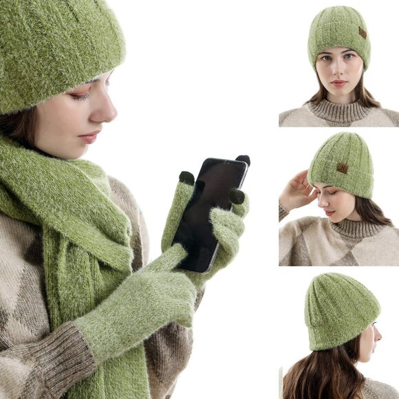 Women's Green Warm Knit Beanie Hat Touchscreen Gloves Long Neck Scarf Set - Picture 6 of 7